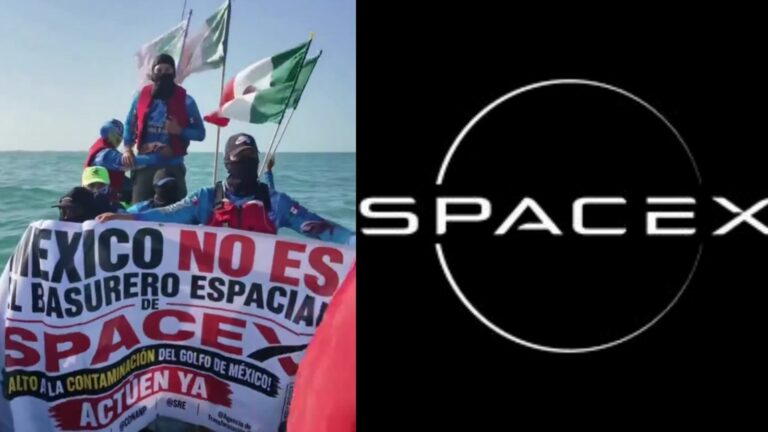 Activistas de Conibio Global en embarcación con manta de protesta contra SpaceX en el Golfo de México