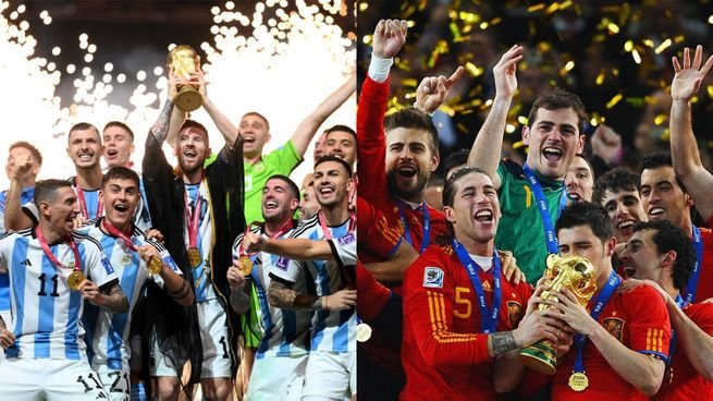 Escudos de las selecciones de Argentina y España sobre fondo de estadio de fútbol