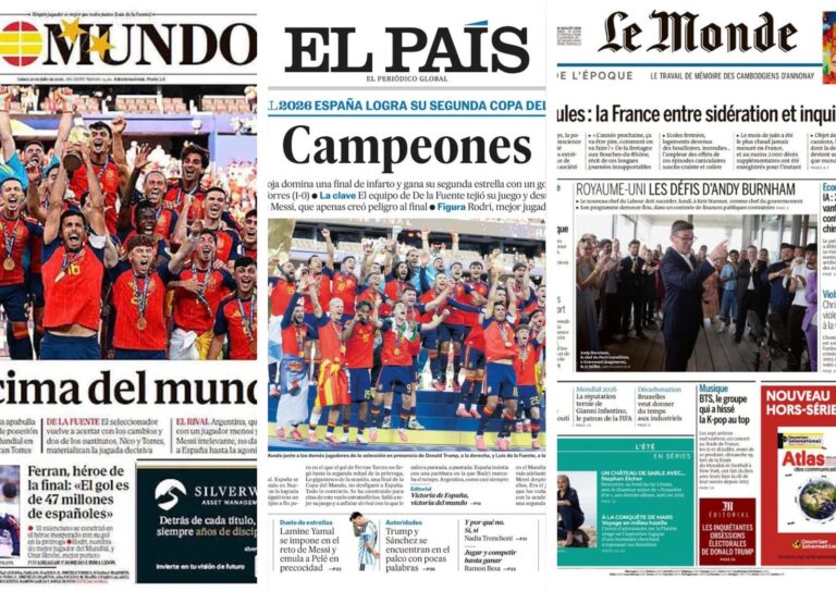 Portada de diario El País con foto de jugadores de España celebrando el título mundial