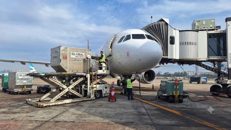 Avión de carga descargando mercancías en un aeropuerto