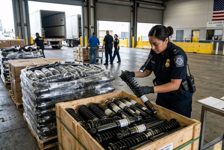 Contenedor de carga en el puerto de Norfolk, Virginia, con agentes de la CBP realizando una inspección
