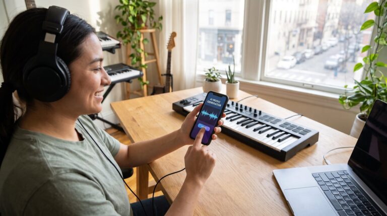 Persona usando una computadora con interfaz de inteligencia artificial para generar música