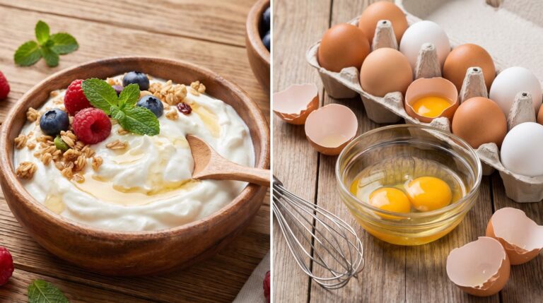 Yogur griego con frutas y huevos en un plato