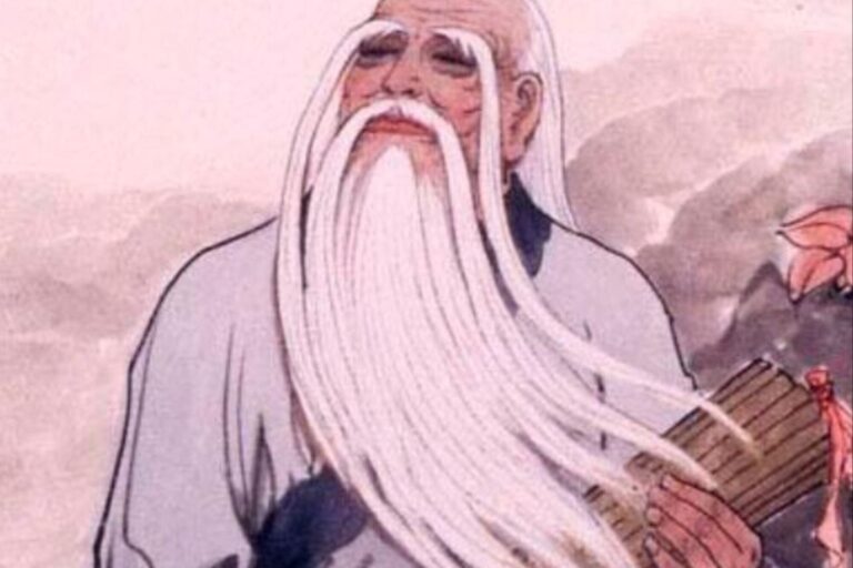 Ilustración de Lao Tzu con una vasija de agua y lodo