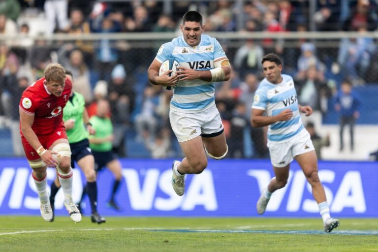 Jugadores de Los Pumas celebrando un try durante el partido ante Gales en el Estadio de San Juan del Bicentenario