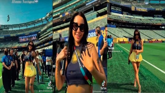 María Becerra en el MetLife Stadium durante ensayo para interpretar el Himno Nacional