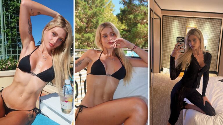 Marta Fort en Las Vegas, con bikini negro, en el balcón de un hotel con vista a la piscina