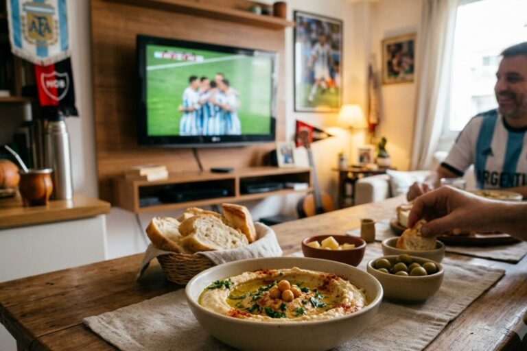 Hinchas argentinos mirando un partido de la selección en pantalla gigante