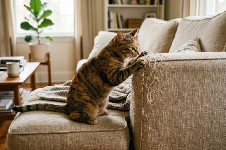 Gato rascando un rascador de sisal