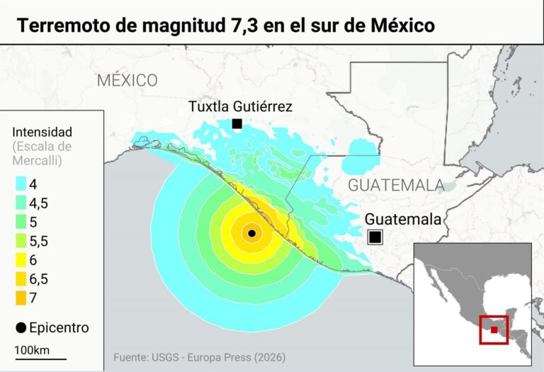 Mapa de ubicación del epicentro del terremoto de magnitud 7,3 en Chiapas, México