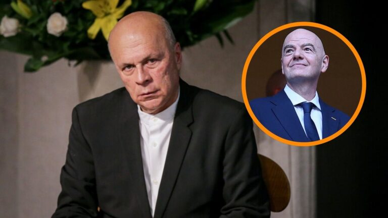 Carlos Antonio Vélez y Gianni Infantino en contexto de la posesión presidencial de Abelardo de la Espriella