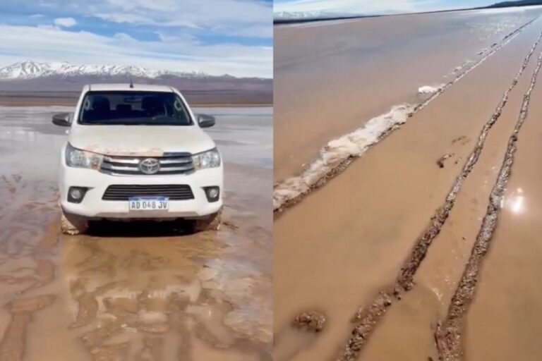 Surcos en el suelo de la Pampa del Leoncito causados por una camioneta