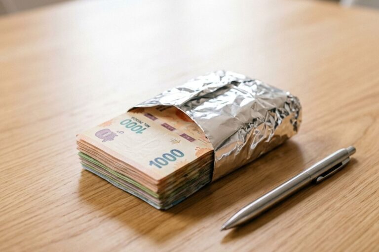 Billetes envueltos en papel aluminio sobre una superficie