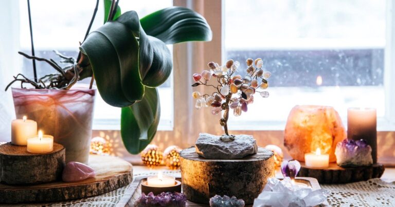 Interior de una casa con plantas, un reloj de pared y una mancha de humedad