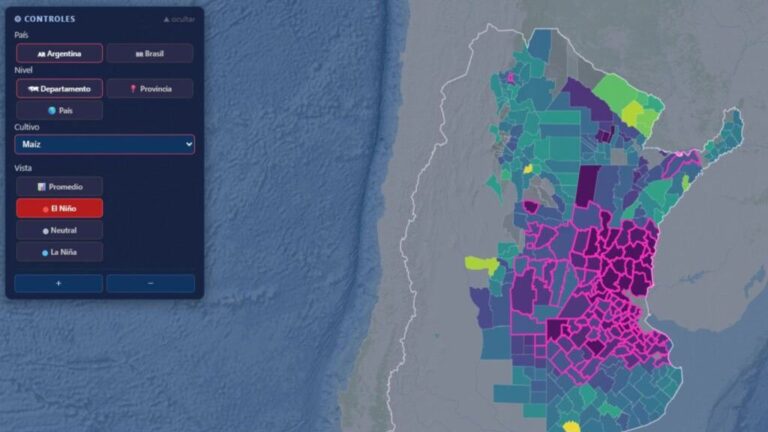 Captura de pantalla de la aplicación AgroENSO mostrando mapas de rendimiento de maíz