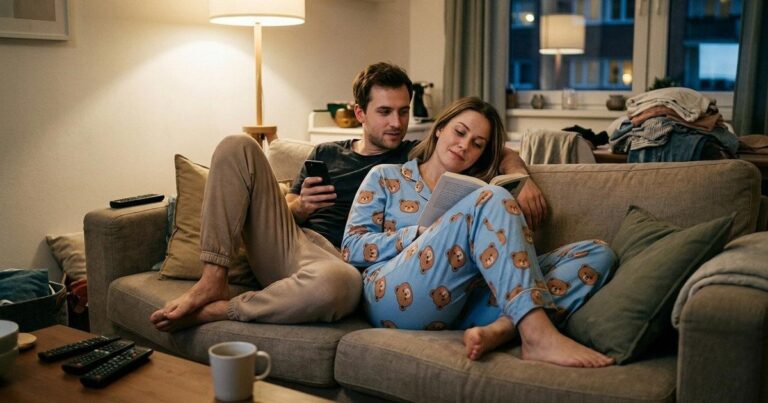 Pareja conversando en un living