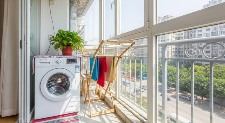 Lavadora en balcón de un edificio residencial