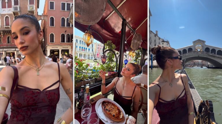 Melody Luz en una góndola en Venecia con el Puente de Rialto de fondo