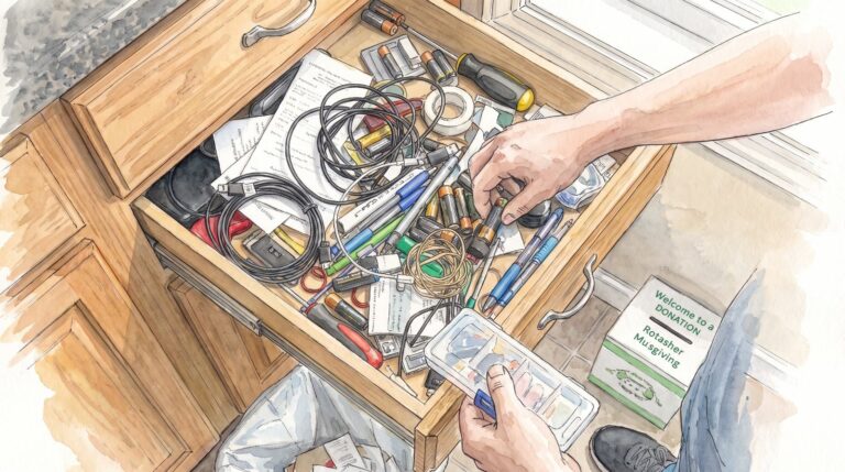 Persona revisando objetos en una caja durante la limpieza del hogar