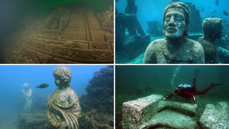 Ciudad sumergida con ruinas antiguas bajo el agua