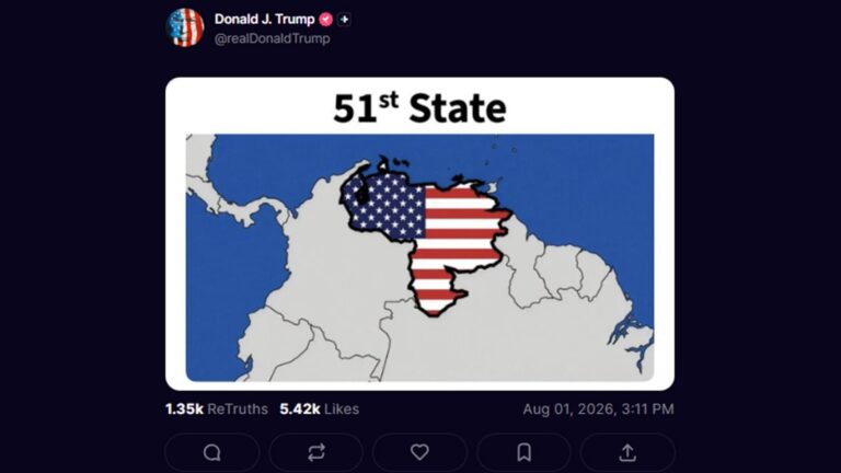 Mapa de Venezuela con la bandera de Estados Unidos y la inscripción Estado 51