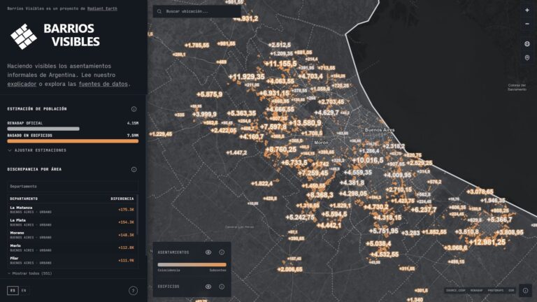 Imagen satelital de un barrio popular con construcciones identificadas por inteligencia artificial