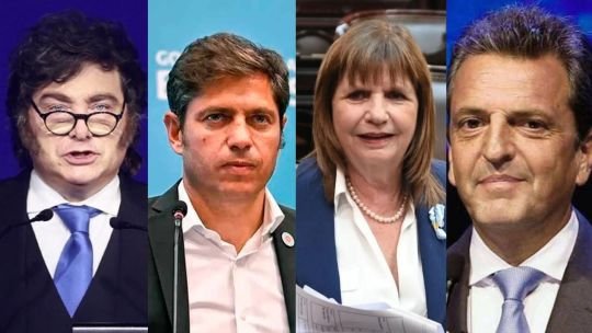Gráfico de encuesta electoral con los nombres de Javier Milei, Axel Kicillof, Patricia Bullrich y Sergio Massa