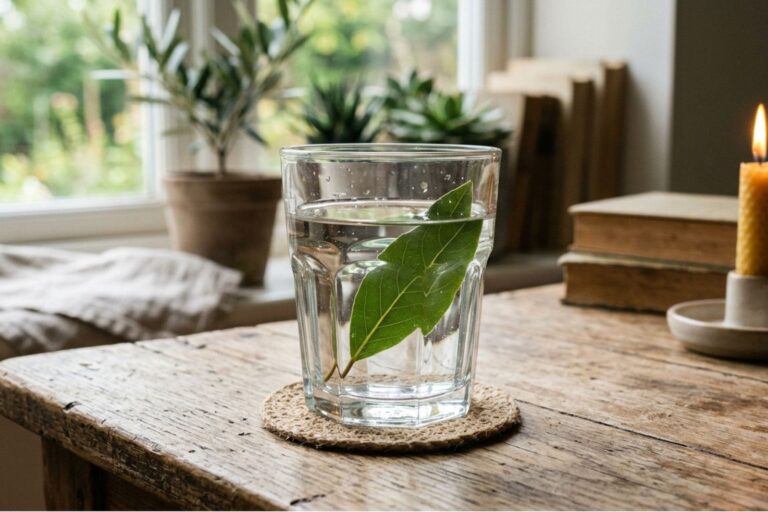 Hoja de laurel en un vaso con agua