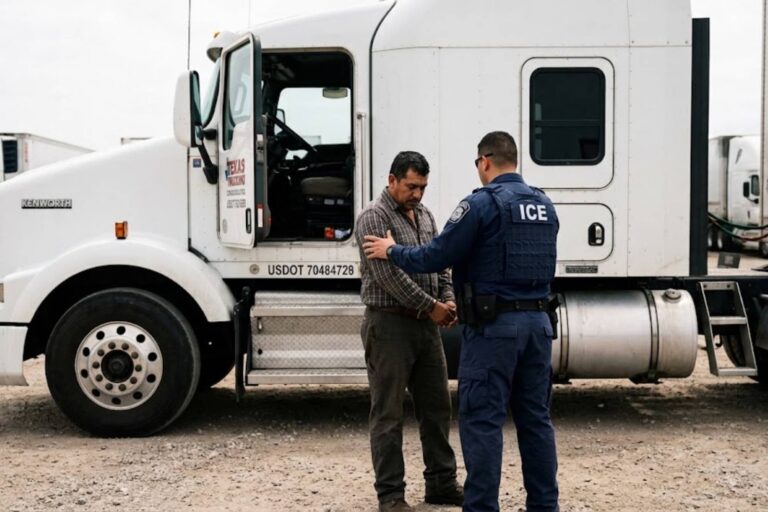 Agentes del ICE durante un operativo en una estación de pesaje de camiones en Estados Unidos