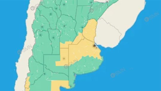 Mapa de alerta amarilla por tormentas fuertes emitido por el Servicio Meteorológico Nacional