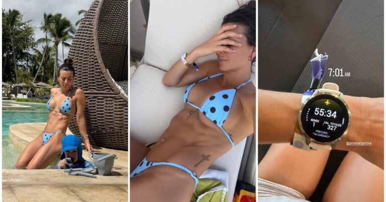 Sol Pérez en la playa de Punta Cana con bikini celeste