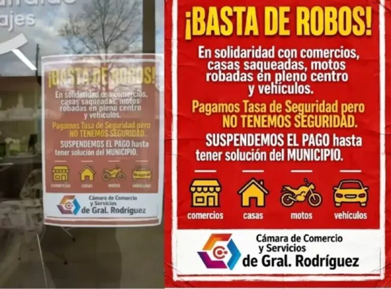 Comerciantes de General Rodríguez colocan carteles en sus vidrieras para suspender el pago de la tasa de seguridad