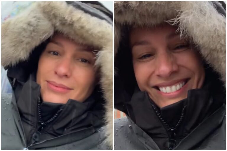 Pampita caminando en la peregrinación a Luján bajo la lluvia