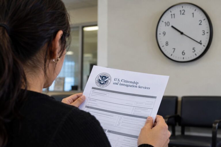 Oficina del Servicio de Ciudadanía e Inmigración de Estados Unidos (Uscis) con documentos de permiso de trabajo